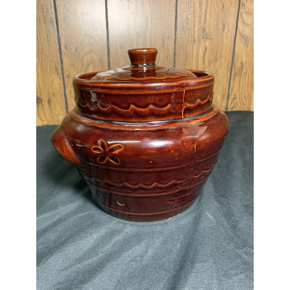 Marcrest Daisy Dot Brown Stoneware Oven Proof Bean Pot with Lid Vintage USA
